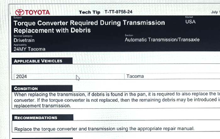 Transmission failures in 2024 Tacoma may be debris related