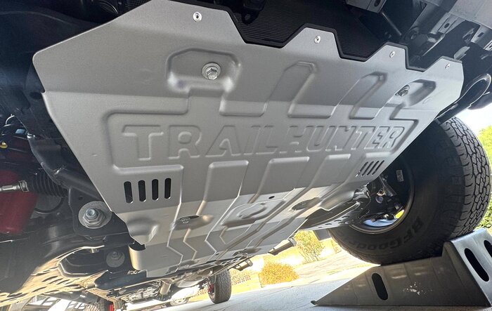 All Trailhunter Skid Plates install on TRD Off-Road: Front Bash Plate, Diff Skid, Transmission Skid Plate